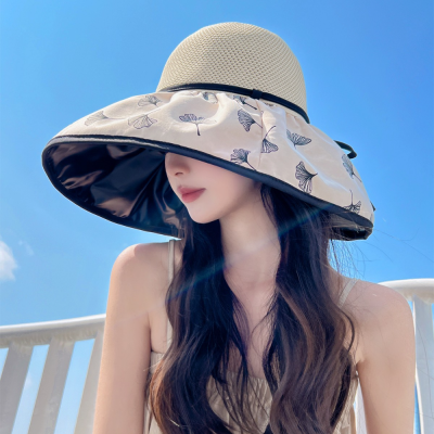 2023 Women's Summer UV Protection Ginkgo Leaf Vinyl Bucket Hat Big Brim Face Small Sun Protection Sun Hat