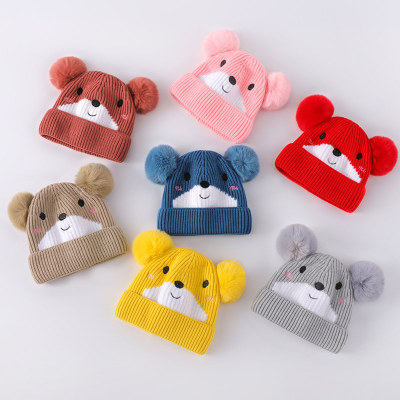 Bear Fur Ball Warm Knitted Hat Autumn and Winter Korean New Baby Cute Baby Cored Yarn Children's Hat Wholesale