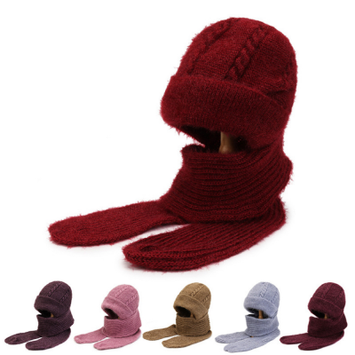 Hooded PNE-Piece Suit Women's New Fashion All-Matching Knitted Hat Riding Warm with Velvet Hat Scarf Integrated with Hat Wholesale