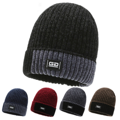 Men's Winter plus Fluff Knitted Hat Chenille Wool Ear Protection Young Boys Ski Cap Thickened Warm Pullover Cap