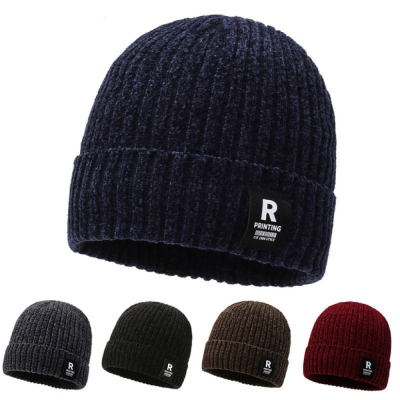 Autumn and Winter Men's Knitted Woolen Cap Chenille Velvet Thickened Ears Protection Hat Fashion Letter Patch Youth Hat