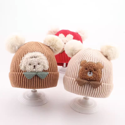 Winter New Babies' Cute Baby Girl Knitted Hat Fleece-Lined Warm Boy's Double Ball Cartoon Embroidery Woolen Cap