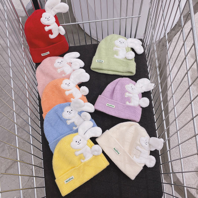 2023 Autumn and Winter New Children Hat Scarf Set Cartoon Bunny Baby Hat Rainbow Color Baby Sleeve Cap