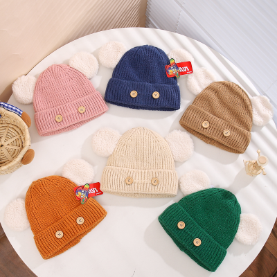 Autumn and Winter New Medium and Large Children Woolen Cap Rainbow Button Baby Sleeve Cap plus Velvet Warm  Knitted Hat
