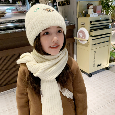 Children's Woolen Cap Autumn and Winter Boy Knitted Hat Girl Hat Scarf Two-Piece Set Kids Cute Embroidery Sleeve Cap