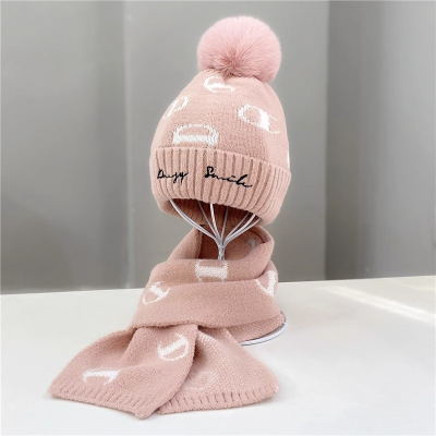 Winter Children's Woolen Knitted Hat Two-Piece Set Men's and Women's Casual Ear Protection Fur Ball Thickened Warm Hat Scarf Set