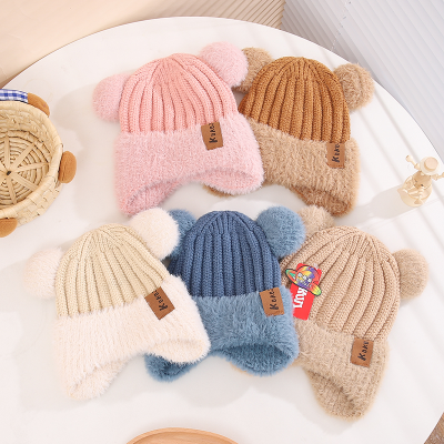 Winter New Young and Older Boys and Girls Baby Hat Plush Double Ball Earmuffs Hat Children Woolen Cap Wholesale