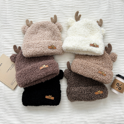Cute Deer Cap with Ears Children's Autumn and Winter Student Plush Thick Lambskin Knitted Hat Women's Sleeve Cap