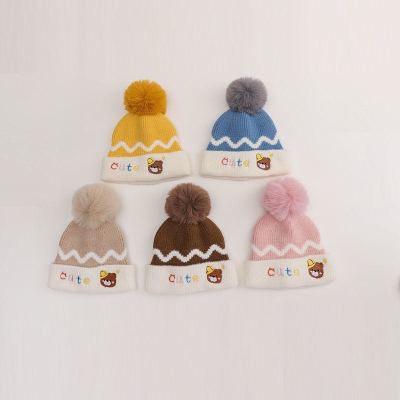 Autumn and Winter New Baby Wool Cap Cartoon Embroidered Bear Fluffy Ball Cap Fleece-lined Warm Boys and Girls Knitted Hat