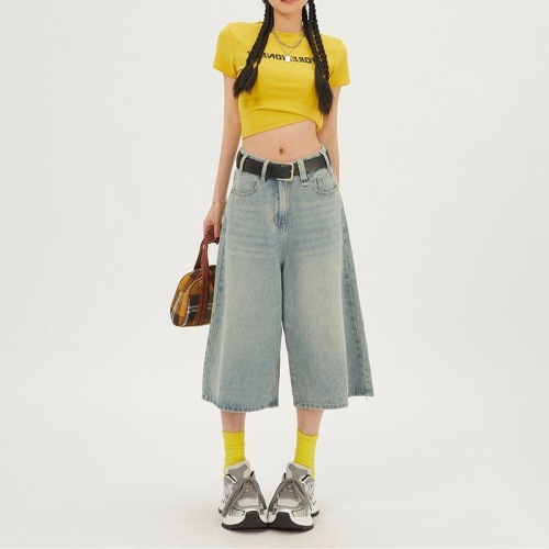 韩国东大门2024年夏季新款复古牛仔七分裤女百搭阔腿七分裤短裤子