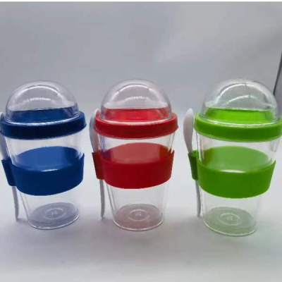 S127 Creative New Double Layer Salad Cup Plastic Cup Cool Drinks Cup Juice Cup Yogurt Cup Transparent Cup with Spoon Set