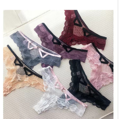 Thong V2.European and American Sexy Transparent Lace Hollow Heart-Shaped Rose Gold Ladies Low Waist T-Shaped T-Shaped Panties