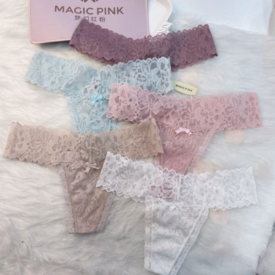 V353.Mystery of the Magic Box European, American and Japanese Style Sexy Low Waist Lace T Pants Solid Color Hollow Cotton Crotch Girl T-Back