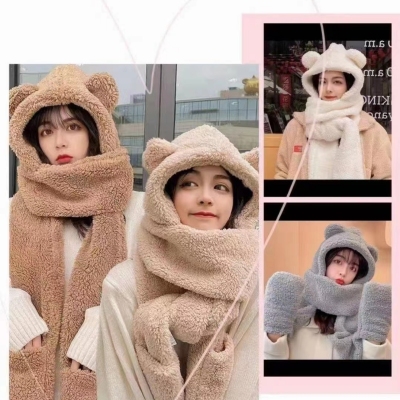 Autumn and Winter Women's Hat Scarf Gloves Three Pieces All in One Set Cute Warm Thickened Fleece Bear Scarf