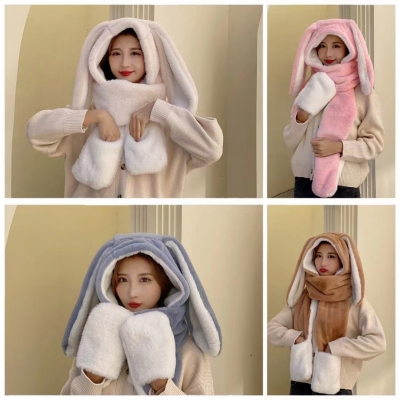 Sweet Cute Rabbit Ears Plush Scarf Winter Cold-Proof Warm One-Piece Hat Scarf Gloves One-Piece Three-Piece Set