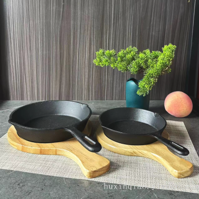 Pre-Seasoned Cast Iron Sizzle Platter with Handle, Black Dish Pan with Burlywood Wooden Tray, 16cm/20cm; 01298437, 01298512