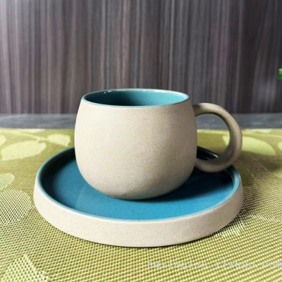 Sand Glaze Coffee Cup & Saucer Set, Frosted Texture & Underglazed Color, Americano/Cappucino/Latte Cup
