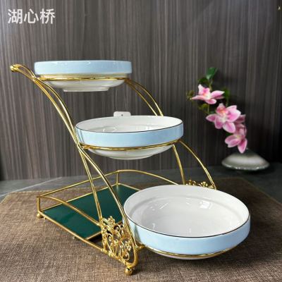 Creative Three-Level Display Rack/Bowls Set, Dessert/Appertizer Tableware, Golden Frame with 3 Blue Ceramic Bowls for High Tea, Party, Buffet, Wedding, Events, Restaurant and Hotel Commercial Use, Household Use