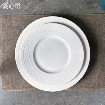 Classic White Porcelain Stone Texture 10-Inch & 12-Inch Wide Brim Flat Plates, for Restaurant, Hotel, Party, Events, Commercial and Household Use