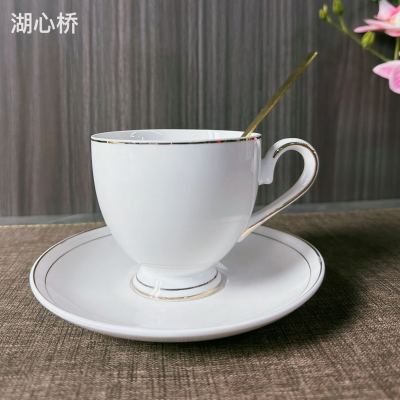 White Porcelain Coffee/Tea Cup & Saucer & Mixing Spoon Set Set with Golden Line Embellishment, Professional Kitchenware for Hotel, Restaurant, Commercial and Household