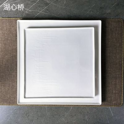 White Porcelain Square Plates, Dessert/Salad/Cold Dish Platters, 10-Inch & 12-Inch, Creative Embossed Pattern Design, Commercial Use for Restaurants, Hotels, Buffets, Events, Parties