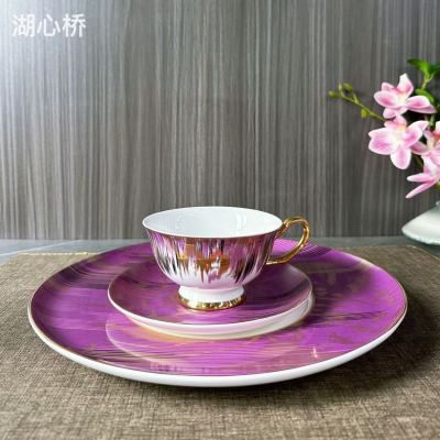 Magenta Ceramic 3-Piece Golden Coffee Cup, Saucer & 10.5-Inch Plate Set, Luxury European Vintage Style, for Hotels, Restaurants, Events, Parties, Weddings, and Household Use