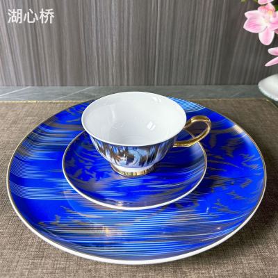 Sapphire Blue Ceramic 3-Piece Golden Coffee Cup, Saucer & 10.5-Inch Plate Set, Luxury European Vintage Style, for Hotels, Restaurants, Events, Parties, Weddings, and Household Use