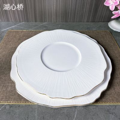 Deluxe White Ceramic Mushroom-Textured Round Plates with Golden Decoration, 11.5-Inch & 13-Inch, Ceramic Tableware for Hotels, Restaurants, Buffets, Events, Weddings, etc. Household & Gifting Uses