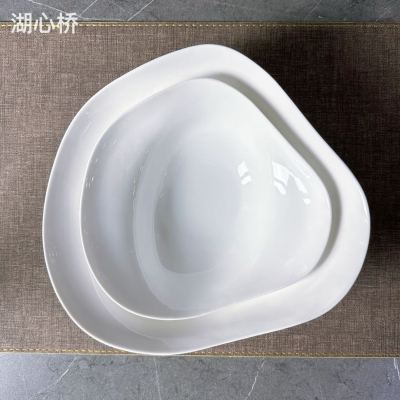 Plain White Porcelain Irregular-Shaped Plates, 8-Inch & 10-Inch, for Restaurants, Hotels, Events, Parties, Commercial Kitchen, and Household Use