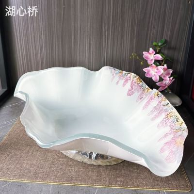 8mm Large Size Hand-Painted Shell-Shaped Ruffled Glass Fruit Plate, Sashimi Plate with Stainless Steel Base, Professional Tableware for Restaurants, Hotels, Buffets, Events, Weddings, etc.