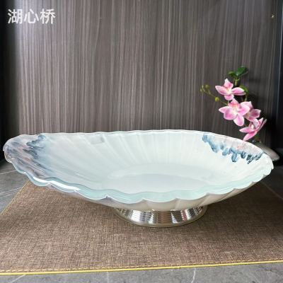 10mm Large Size Shell-Shaped Ruffled Glass Fruit Plate, Sashimi Plate with Stainless Steel Base, Professional Tableware for Restaurants, Hotels, Buffets, Events, Weddings, etc.