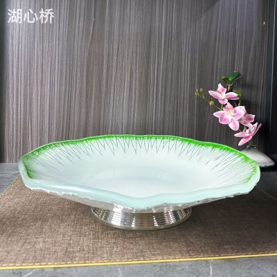 10mm Large Size Lotus-Leaf-Shaped Hand-Painted Glass Fruit Plate, Sashimi Plate with Stainless Steel Base, Professional Tableware for Restaurants, Hotels, Buffets, Events, Weddings, etc.