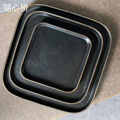 Deluxe Frosted Black Ceramic Square Plates with Golden Edge, 6/8/10-Inch, Square Flat Platter Dish for Hotels, Restaurants, Events, Parties, Weddings, Commercial and Household Use
