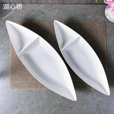 Plain White Ceramic Canoe-Shaped Plates with Two Compartments, 15.75-Inch & 17.75-Inch, for Restaurants, Hotels, Events, Parties, Commercial Kitchen, and Household Use