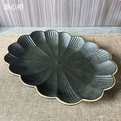 Deluxe Frosted Black Ceramic Chamomlle-Shaped Oval Plates with Golden Edge, Oblong Flower Design Platter Dish for Hotels, Restaurants, Events, Parties, Weddings, Commercial and Household Use