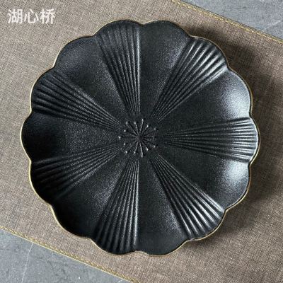 Deluxe Frosted Black Ceramic Chamomlle-Shaped Round Plates with Golden Edge, 7/8/10-Inch, Flower Design Platter Dish for Hotels, Restaurants, Events, Parties, Weddings, Commercial and Household Use