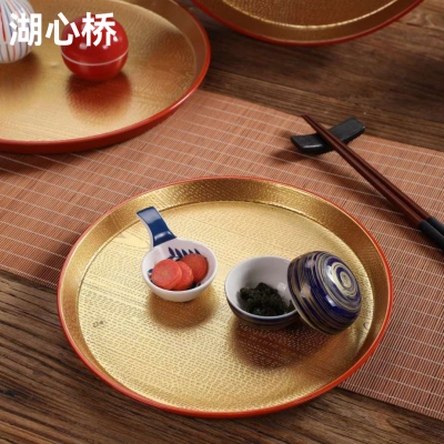 ABS Japanese-Styled Traditional Round Non-Slip Serving Trays/Platters, Golden/Red, Professional Restaurant Utensils for Restaurants, Hotels, Buffet, Events, Parties, Weddings