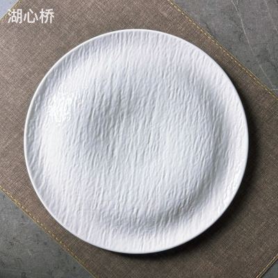 Creative White Ceramic Stone-Grained Round Plate, 10-Inch Cupped Platter, Professional Ceramic Tablewares for Hotels, Restaurants, Events, and Household Uses