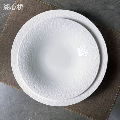 White Ceramic Round Stone-Grained Plates, 10-Inch & 12-Inch, Professional Ceramic Tablewares for Hotels, Restaurants, Events, and Household Uses
