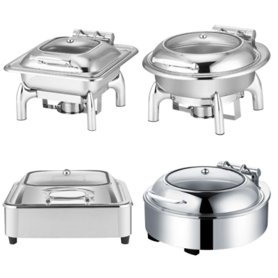 Stainless Steel Buffet Chafing Dishes with Top Window and Hydraulic Lid, Square/Round Catering Warmers, for Parties, Restaurants, Hotels, Buffet, Banquet, Events, Weddings