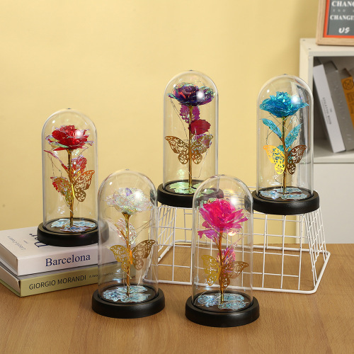 新款七彩玫瑰花diy手工摆件情人节生日礼物七夕金箔花玻璃罩批发