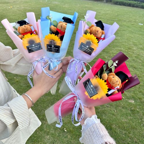 跨境毕业季博士熊向日葵花束情人节毕业季送男女朋友生日送闺蜜