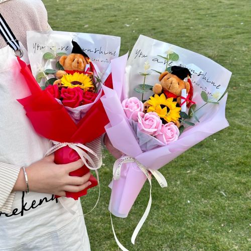 跨境博士熊向日葵玫瑰香皂花毕业季玩偶花束送老师生日送男女朋友