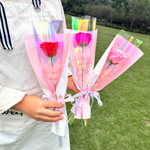跨境新款妇女节透明英文套袋单支玫瑰花束仿真花情人节摆摊礼品