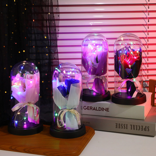 新款生日礼物发光香皂花摆件七夕情人节送女友玫瑰香皂花灯罩批发