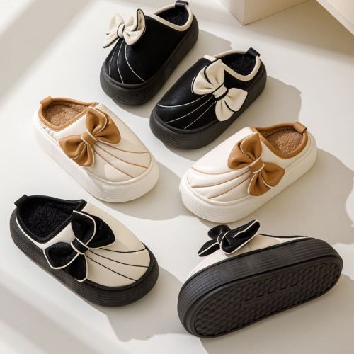 2024 autumn and winter new embroidered leather cotton slippers， bow embroidered cotton slippers， pu cotton slippers