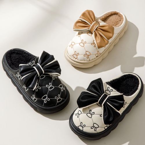 2024 autumn and winter new embroidered bow women‘s cotton slippers， pu embroidered cotton slippers， evq sole