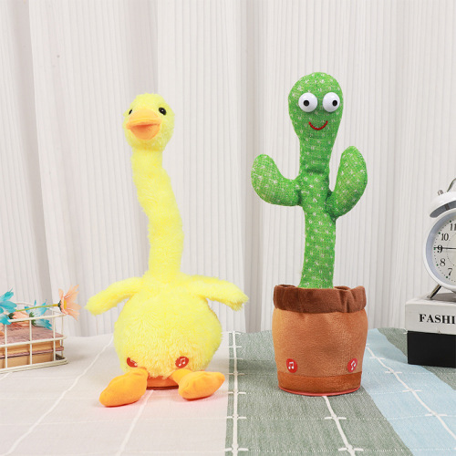 跨境新款dancing duck扭脖子黄鸭电动毛绒玩具唱歌发光学说话玩偶