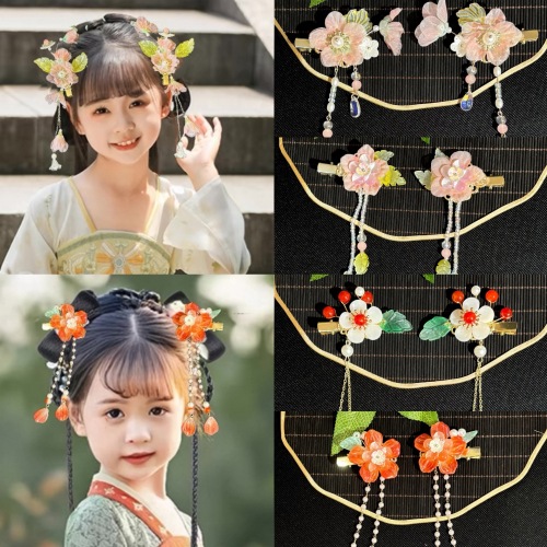 儿童汉服头饰琉璃花朵女童古风发夹中国风甜美结流苏对夹唐装配饰