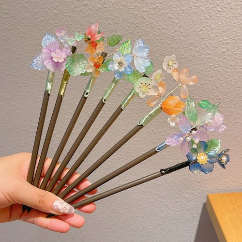 国风珐琅牡丹花朵发簪新中式高级感木质簪子汉服旗袍木簪发饰发钗